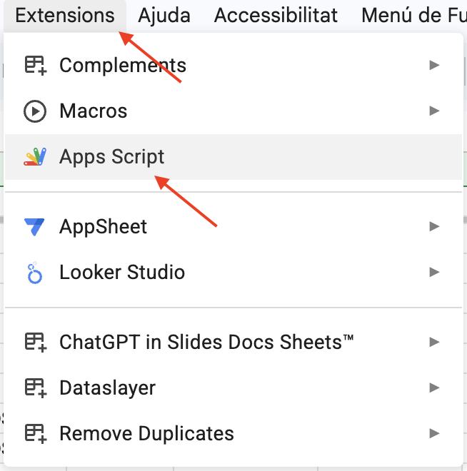 Menú Extensiones de Google Sheets mostrando la opción Apps Script