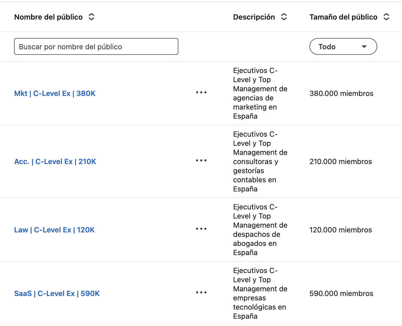 Ejemplo de audiencias ICP en LinkedIn Campaign Manager segmentadas por sector y tamaño
